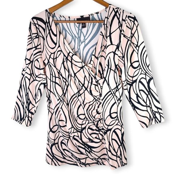 Dana Buchman Pink Black Art Deco Swirl Long Sleeve Ruched V-Neck Blouse Top Sz M - Picture 1 of 12